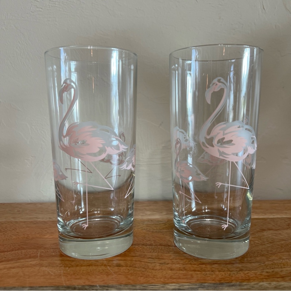 Vintage (2) Pink Flamingo Highball Cocktail Party Glasses 6 1/4” tall - Picture 5 of 5